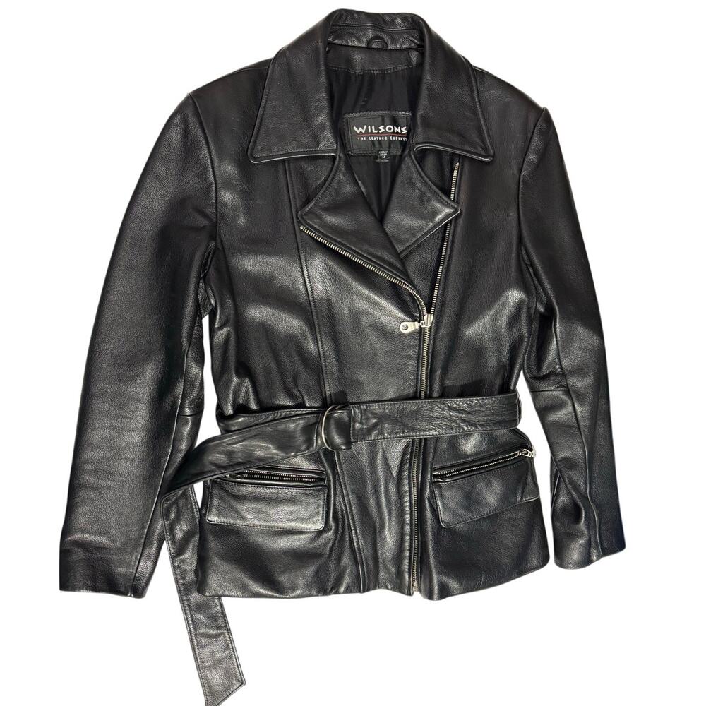 Wilsons Leather Black Full Zip Mid Length Belted Jacket Small